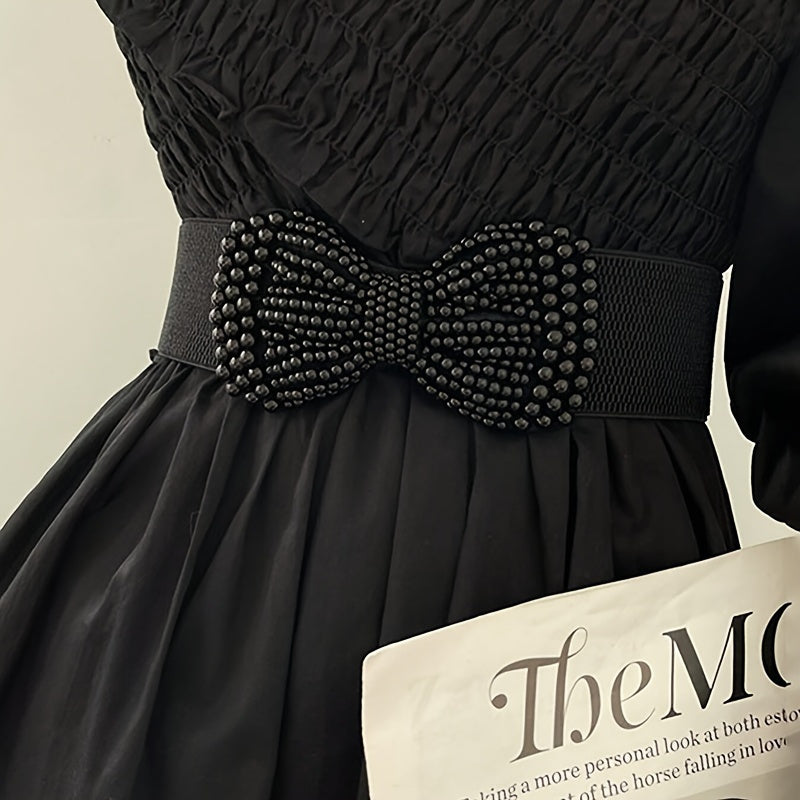 Elegant Wide Imitation Pearl Bow Solid Colored Elastic Waistband Classic Coat Dress Belt for Women
