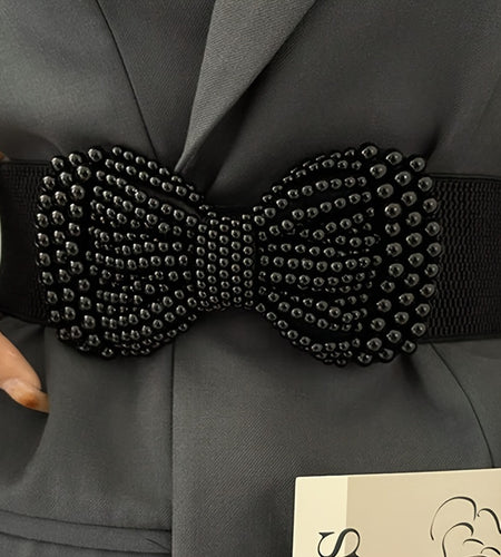 Elegant Wide Imitation Pearl Bow Solid Colored Elastic Waistband Classic Coat Dress Belt for Women