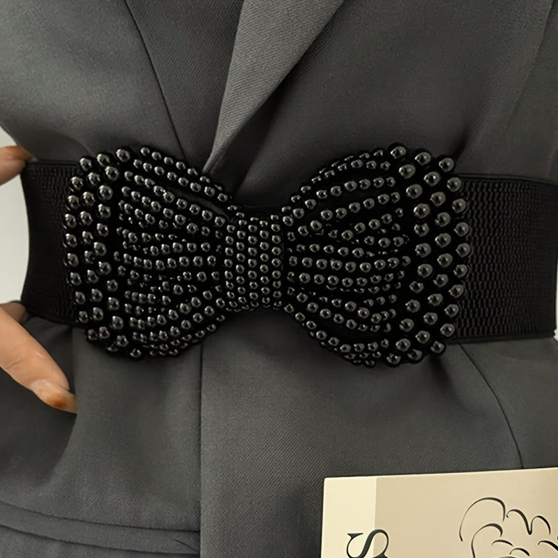 Elegant Wide Imitation Pearl Bow Solid Colored Elastic Waistband Classic Coat Dress Belt for Women