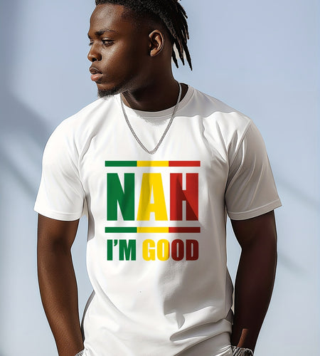 "NAH I'M GOOD" Colorful Printed Cotton Men's T-Shirt Graphic T-Shirt Men's Summer Clothing, 1 pc, 100% cotton T-shirt