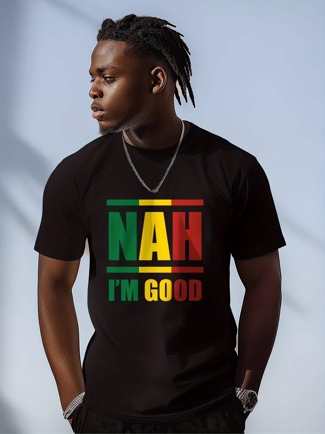 "NAH I'M GOOD" Colorful Printed Cotton Men's T-Shirt Graphic T-Shirt Men's Summer Clothing, 1 pc, 100% cotton T-shirt