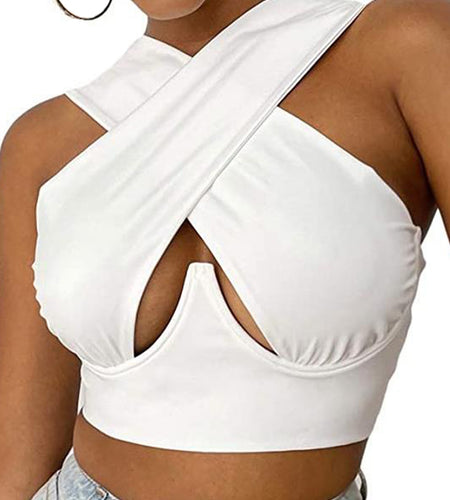 Slim Fit Sleeveless Summer Vest - Women Cropped Tops, Solid Color Hollow Out Crossed Design