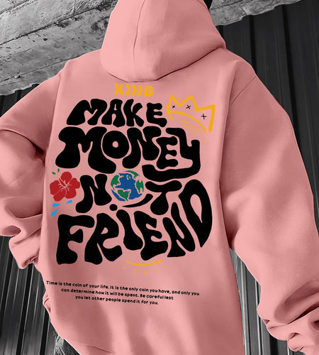 Men'S Casual Hooded Sweatshirt - Black Geometric Print with Bold "MAKE MONEY NOT FRIEND" Graphic & Crown Design, Regular Fit  Durable Casual Attire, Urban Fashion