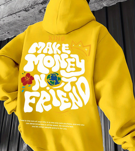 Men'S Casual Hooded Sweatshirt - Black Geometric Print with Bold "MAKE MONEY NOT FRIEND" Graphic & Crown Design, Regular Fit  Durable Casual Attire, Urban Fashion