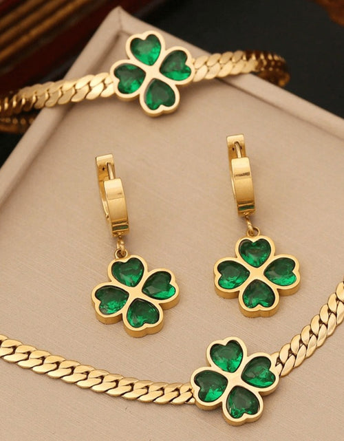 Load image into Gallery viewer, 1set Green Heart Cubic &amp; Flower Shaped Stainless Steel Jewelry Set for Women, 3pcs Including Necklace, Bracelet And Earrings, Suitable for Daily And Special Occasion, Ideal Choice for Gift
