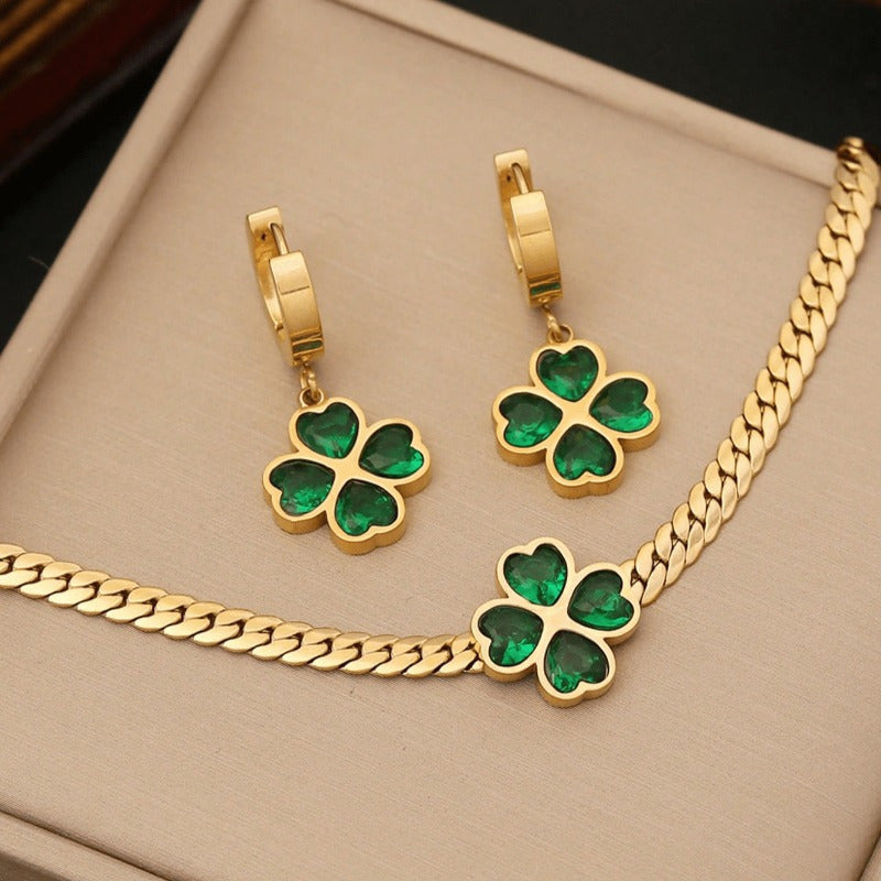 1set Green Heart Cubic & Flower Shaped Stainless Steel Jewelry Set for Women, 3pcs Including Necklace, Bracelet And Earrings, Suitable for Daily And Special Occasion, Ideal Choice for Gift