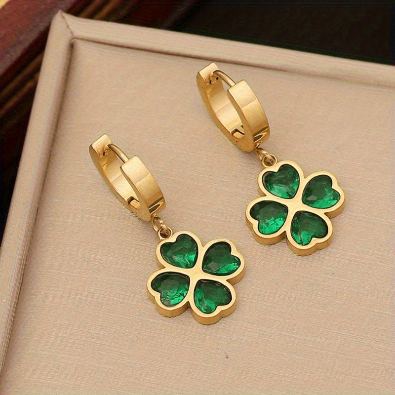 1set Green Heart Cubic & Flower Shaped Stainless Steel Jewelry Set for Women, 3pcs Including Necklace, Bracelet And Earrings, Suitable for Daily And Special Occasion, Ideal Choice for Gift