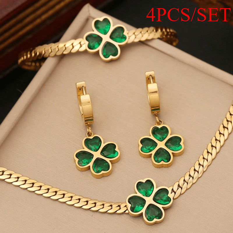 1set Green Heart Cubic & Flower Shaped Stainless Steel Jewelry Set for Women, 3pcs Including Necklace, Bracelet And Earrings, Suitable for Daily And Special Occasion, Ideal Choice for Gift