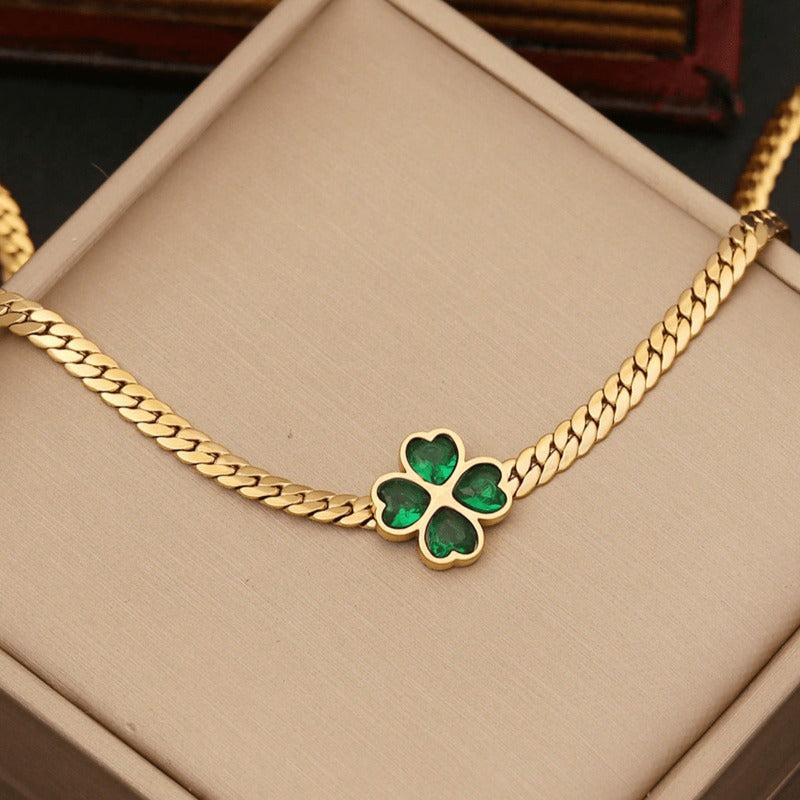 1set Green Heart Cubic & Flower Shaped Stainless Steel Jewelry Set for Women, 3pcs Including Necklace, Bracelet And Earrings, Suitable for Daily And Special Occasion, Ideal Choice for Gift