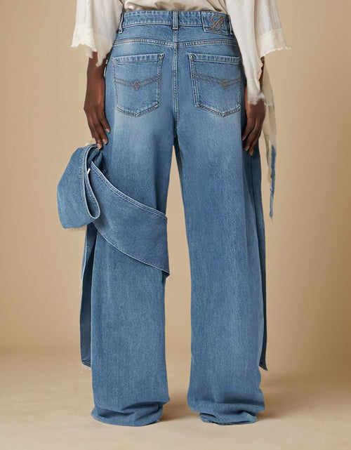 Load image into Gallery viewer, Blue Wide Leg Jeans with Bow-Tie Design Casual All-Season Polyester Blend Denim Pants with Slight Stretch for Comfort
