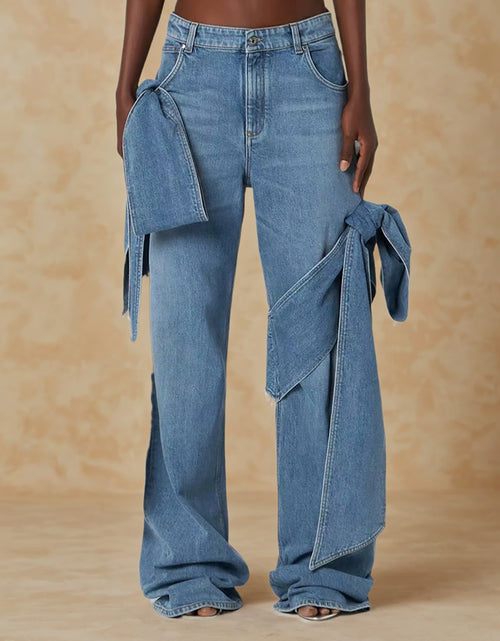Load image into Gallery viewer, Blue Wide Leg Jeans with Bow-Tie Design Casual All-Season Polyester Blend Denim Pants with Slight Stretch for Comfort
