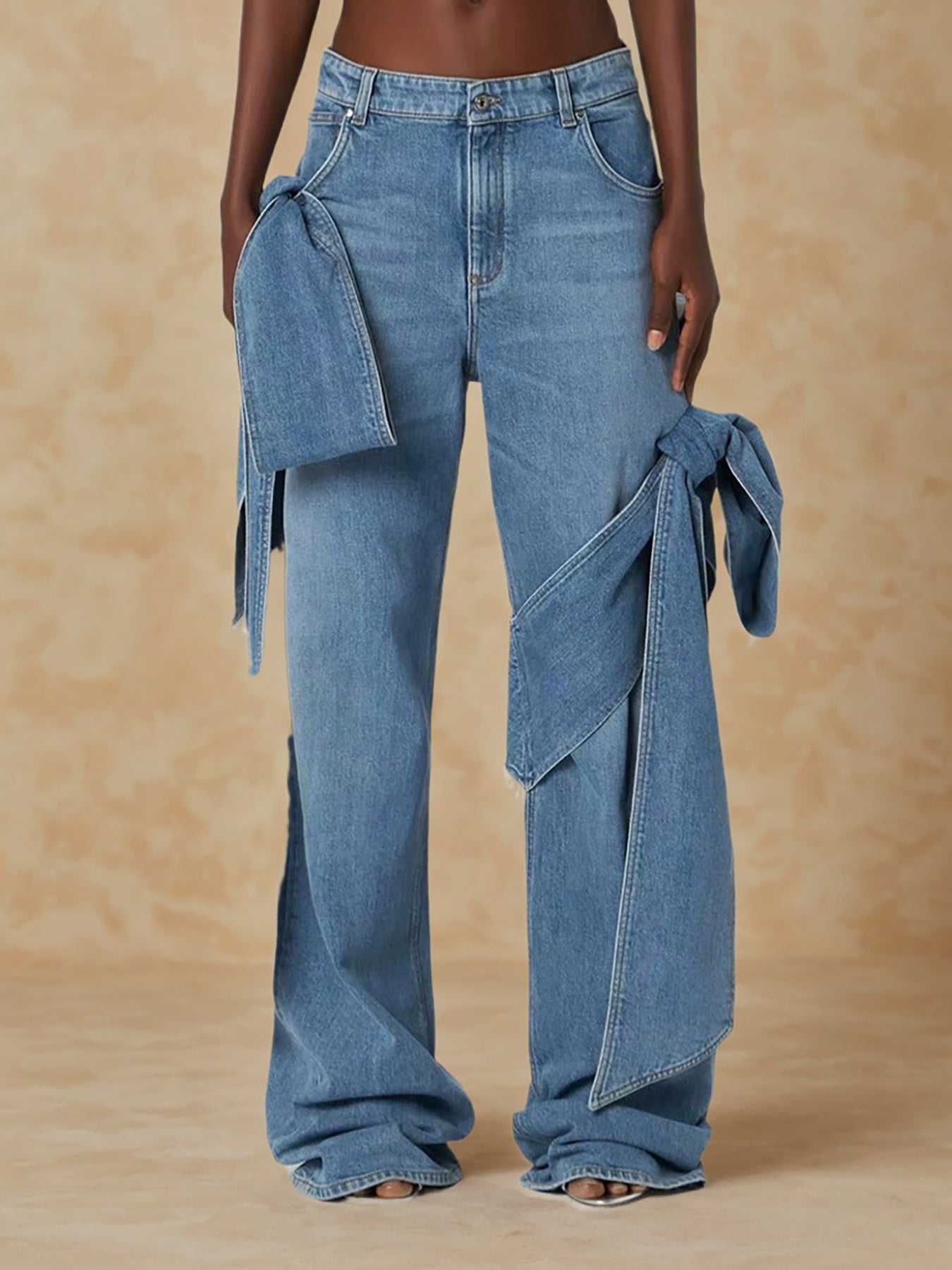 Blue Wide Leg Jeans with Bow-Tie Design Casual All-Season Polyester Blend Denim Pants with Slight Stretch for Comfort