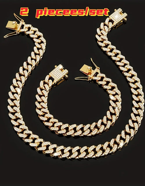 Load image into Gallery viewer, 2pcs Set Necklace &amp; Bracelet Hip Hop Style Unisex Jewelry Suit Cuban Link Chain Design Band Shiny Unisex Jewelry
