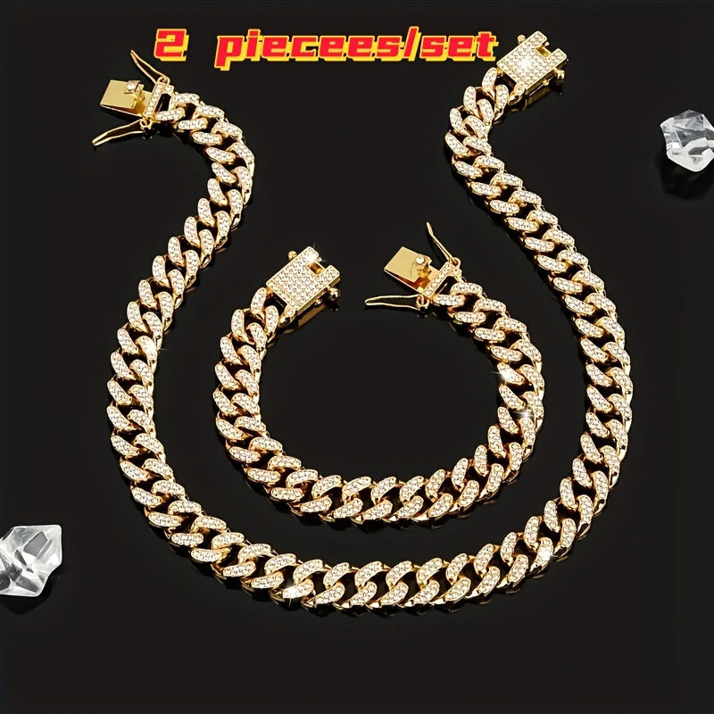2pcs Set Necklace & Bracelet Hip Hop Style Unisex Jewelry Suit Cuban Link Chain Design Band Shiny Unisex Jewelry