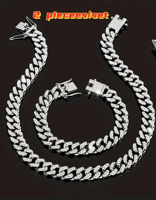 Load image into Gallery viewer, 2pcs Set Necklace &amp; Bracelet Hip Hop Style Unisex Jewelry Suit Cuban Link Chain Design Band Shiny Unisex Jewelry
