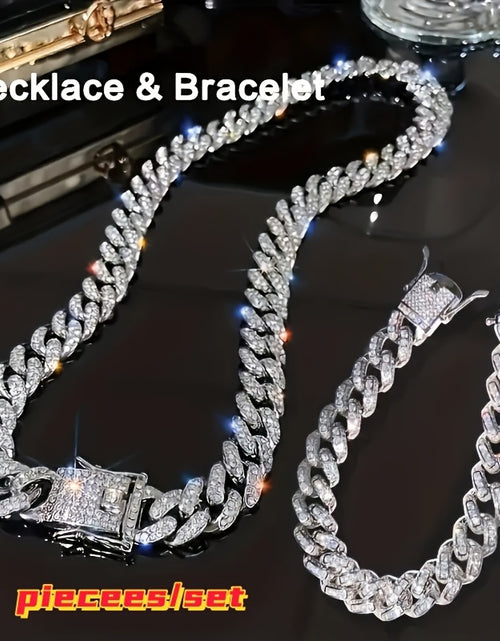 Load image into Gallery viewer, 2pcs Set Necklace &amp; Bracelet Hip Hop Style Unisex Jewelry Suit Cuban Link Chain Design Band Shiny Unisex Jewelry
