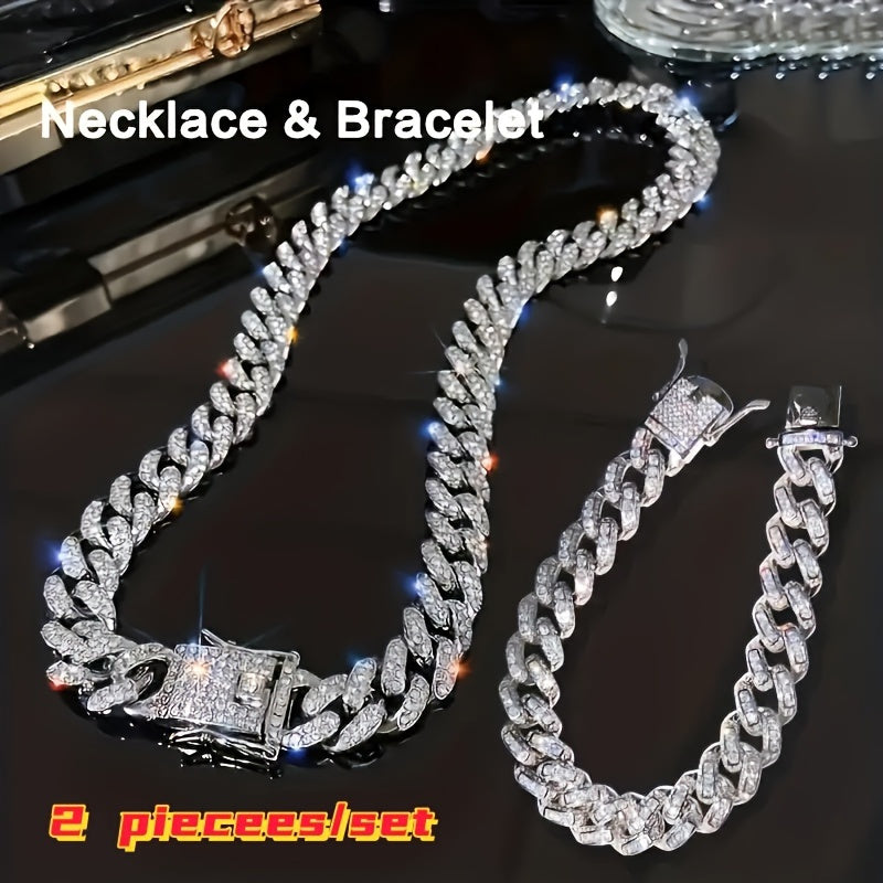2pcs Set Necklace & Bracelet Hip Hop Style Unisex Jewelry Suit Cuban Link Chain Design Band Shiny Unisex Jewelry