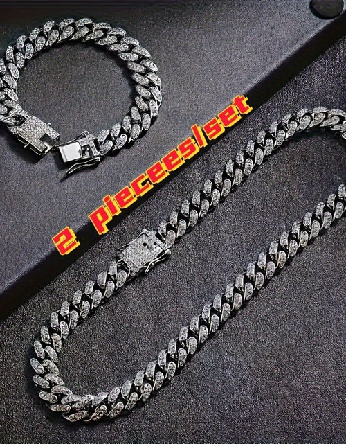 Load image into Gallery viewer, 2pcs Set Necklace &amp; Bracelet Hip Hop Style Unisex Jewelry Suit Cuban Link Chain Design Band Shiny Unisex Jewelry
