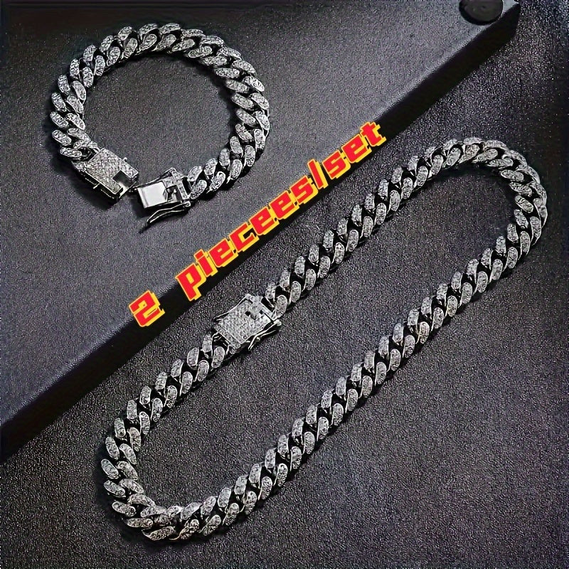2pcs Set Necklace & Bracelet Hip Hop Style Unisex Jewelry Suit Cuban Link Chain Design Band Shiny Unisex Jewelry