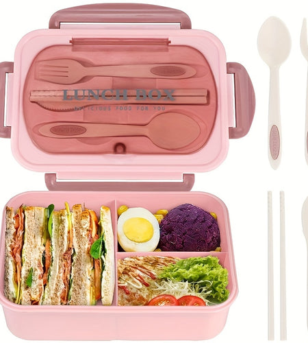 40.58oz Leak-Proof Bento Box with Cutlery - BPA-Free, Microwave Safe, 3 Compartments,  Secure Locking Lid