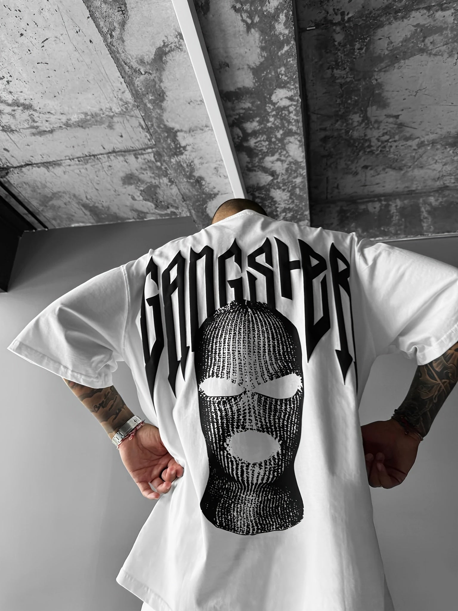 [Gangster Graphic Print Tee] Men's Trendy Casual Crew Neck Short Sleeves Loose T-shirt - Comfy Graphic Print Head Covering Gangster - Summer Outdoor Top