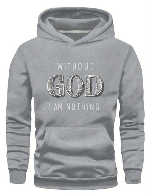 Load image into Gallery viewer, Men Green Graphic Hoodie - &quot;Without God I Am Nothing&quot; Print, Long Sleeve Pullover with Front Pocket, Casual Fall/Winter Wear, Polyester Knit Fabric
