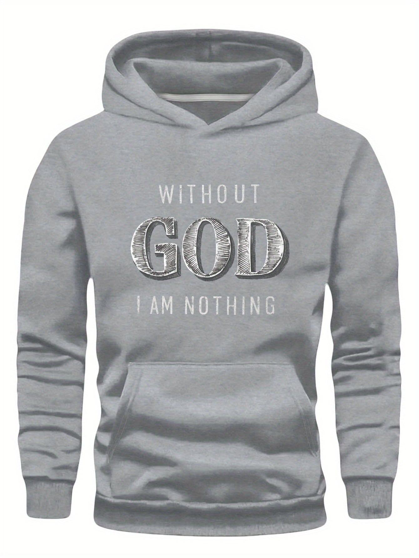 Men Green Graphic Hoodie - "Without God I Am Nothing" Print, Long Sleeve Pullover with Front Pocket, Casual Fall/Winter Wear, Polyester Knit Fabric