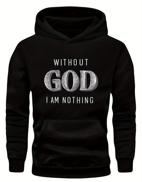 Load image into Gallery viewer, Men Green Graphic Hoodie - &quot;Without God I Am Nothing&quot; Print, Long Sleeve Pullover with Front Pocket, Casual Fall/Winter Wear, Polyester Knit Fabric
