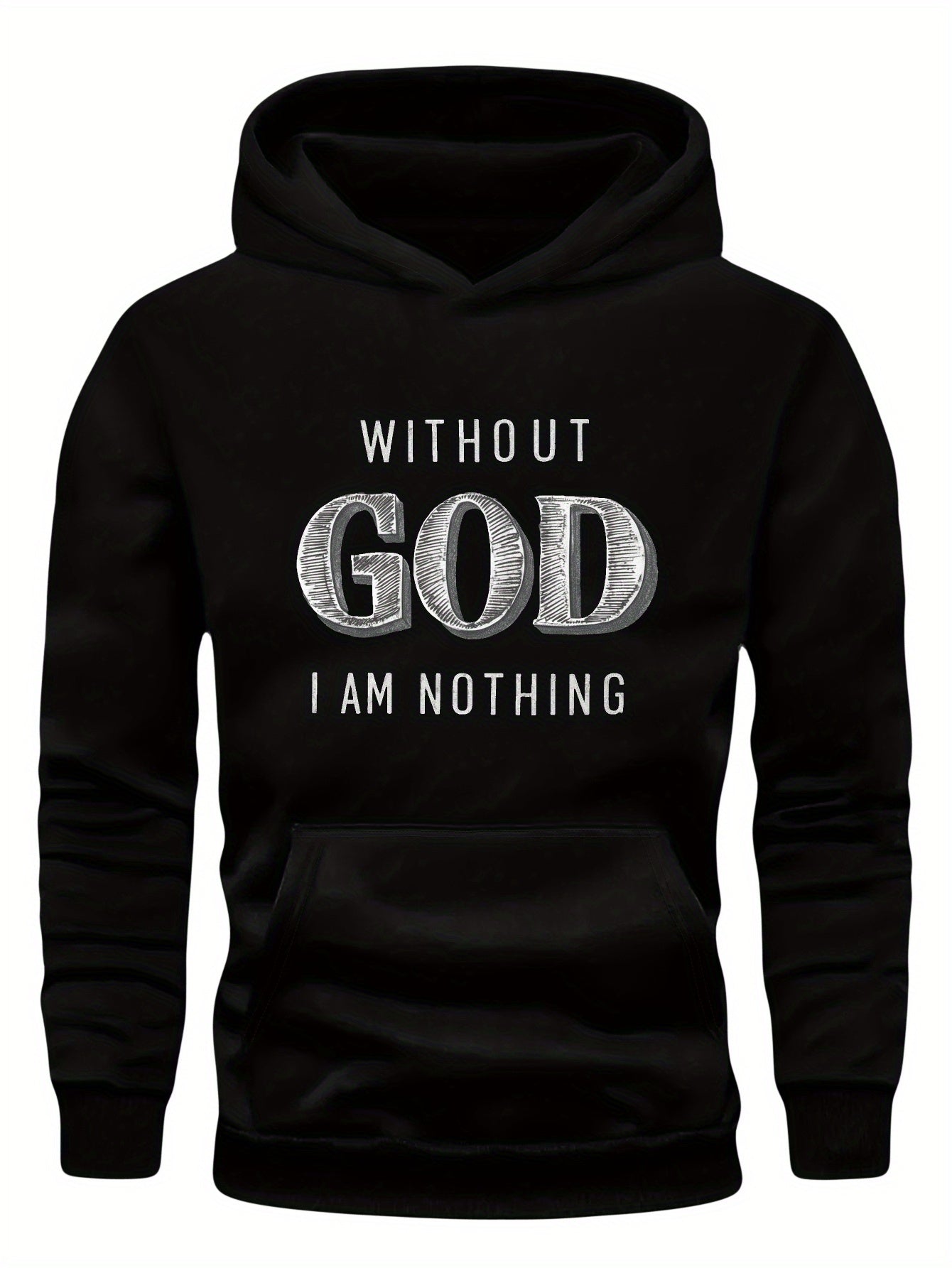 Men Green Graphic Hoodie - "Without God I Am Nothing" Print, Long Sleeve Pullover with Front Pocket, Casual Fall/Winter Wear, Polyester Knit Fabric