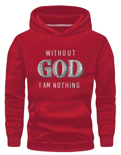 Load image into Gallery viewer, Men Green Graphic Hoodie - &quot;Without God I Am Nothing&quot; Print, Long Sleeve Pullover with Front Pocket, Casual Fall/Winter Wear, Polyester Knit Fabric
