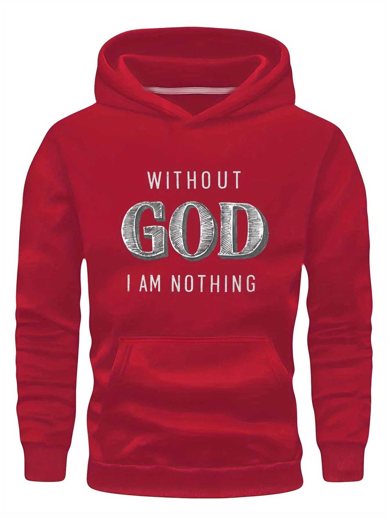 Men Green Graphic Hoodie - "Without God I Am Nothing" Print, Long Sleeve Pullover with Front Pocket, Casual Fall/Winter Wear, Polyester Knit Fabric