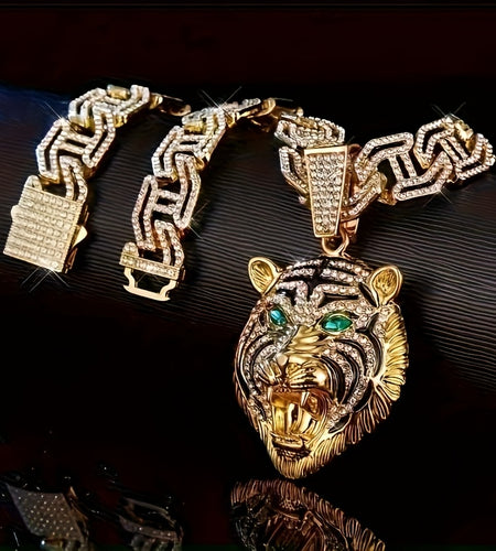 Men's Pioneer Lion Head Necklace - Bold Golden-Tone Chain with Eyes & -Accented Mane, Rap Jewelry Gift - Includes Gift Box, Lion Jewelry, Statement Piece, Eye catching Pendant, Detailed Craftsmanship