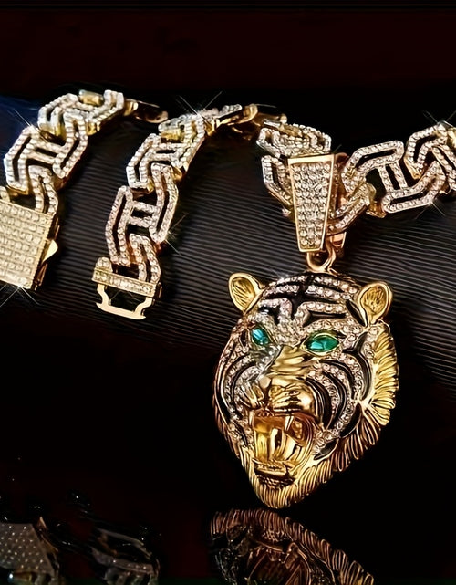 Load image into Gallery viewer, Men&#39;s Pioneer Lion Head Necklace - Bold Golden-Tone Chain with Eyes &amp; -Accented Mane, Rap Jewelry Gift - Includes Gift Box, Lion Jewelry, Statement Piece, Eye catching Pendant, Detailed Craftsmanship
