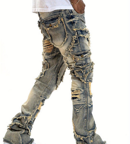 Men Black Stacked Jeans Slim Fit Ripped Jeans Destroyed Straight Denim Pants Hip Hop Trouser Streetwear