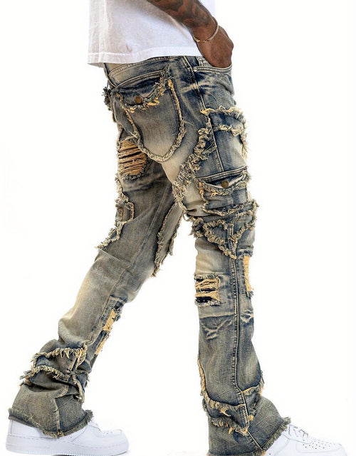 Load image into Gallery viewer, Men Black Stacked Jeans Slim Fit Ripped Jeans Destroyed Straight Denim Pants Hip Hop Trouser Streetwear
