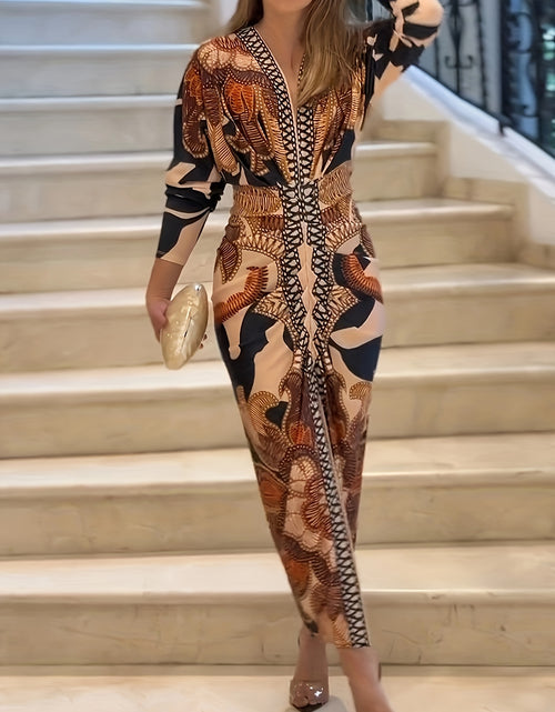 Load image into Gallery viewer, Vintage Baroque Slim Fit Midi Dress Long Sleeve Plunge V-Neck Bodycon Sexy Split Geometric Pattern Casual Wear Polyester Blend
