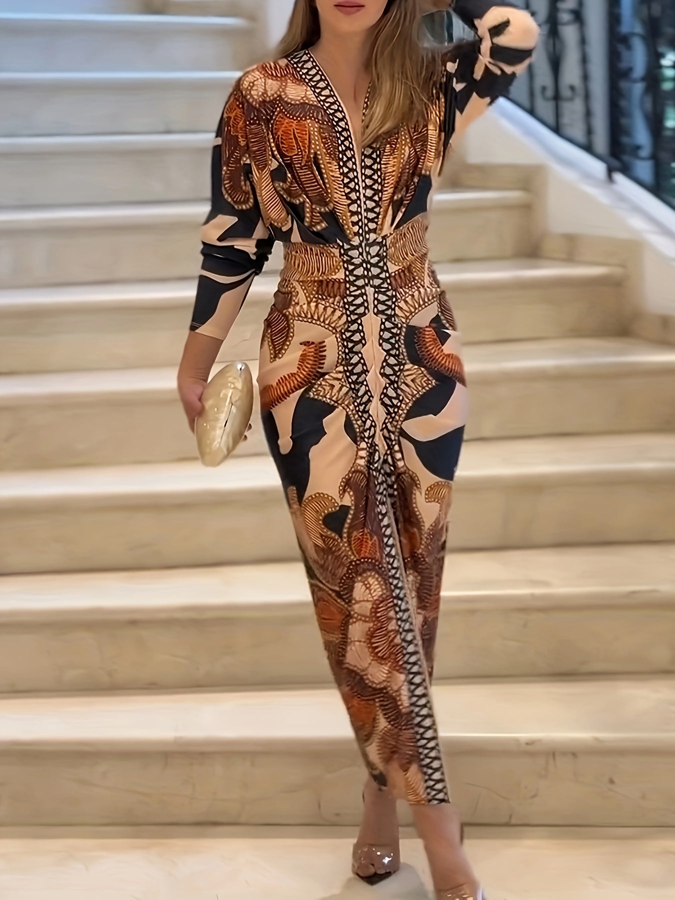 Vintage Baroque Slim Fit Midi Dress Long Sleeve Plunge V-Neck Bodycon Sexy Split Geometric Pattern Casual Wear Polyester Blend