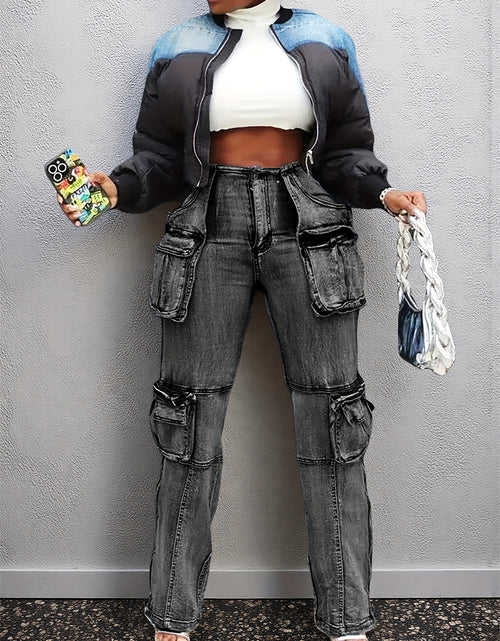 Load image into Gallery viewer, Women Y2K High Waisted Cargo Jeans - Stretch Denim Pants With Flap Pockets, Straight Leg Baggy Streetwear &amp; Casual Comfort
