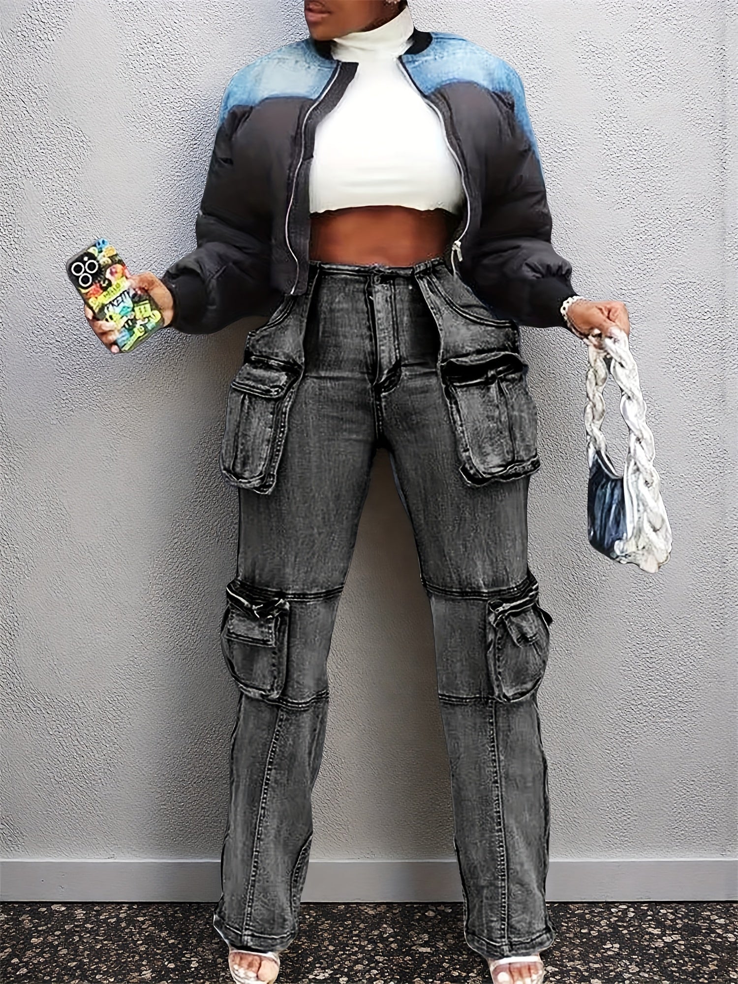 Women Y2K High Waisted Cargo Jeans - Stretch Denim Pants With Flap Pockets, Straight Leg Baggy Streetwear & Casual Comfort