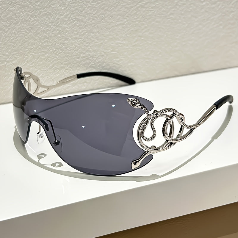 Y2K Style Frameless Glasses with Snake Design Hinges - Zinc Alloy, Clear PC Lenses, Futuristic Metallic Finish for Streetwear Fashion