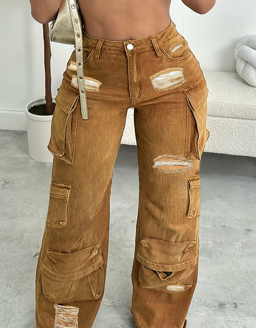 Load image into Gallery viewer, Y2K Women Mid Waist Cargo Jeans, Multi-Pocket Straight Denim Pants, Zippered Denim Raw Edge Hem Ripped Denim Pants
