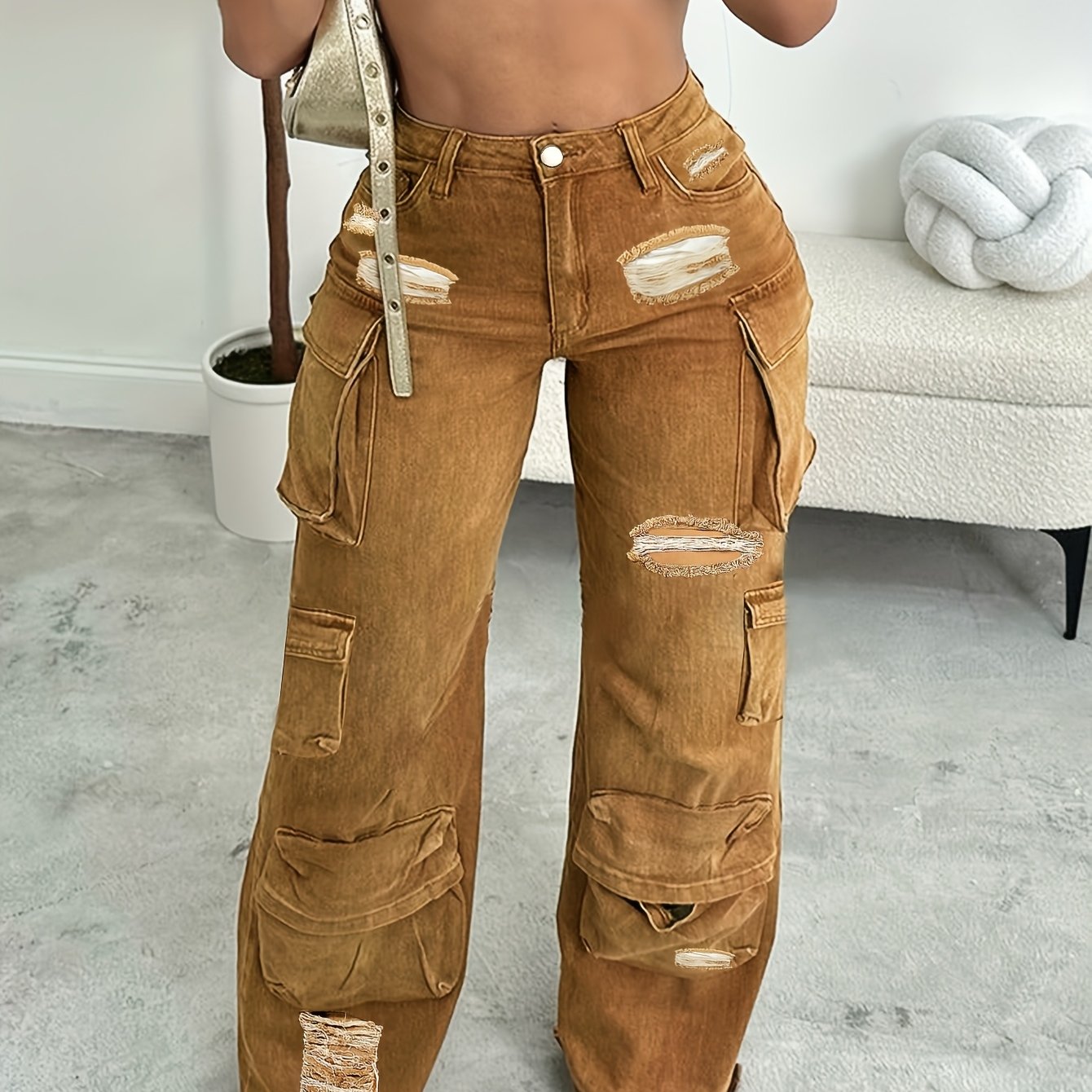 Y2K Women Mid Waist Cargo Jeans, Multi-Pocket Straight Denim Pants, Zippered Denim Raw Edge Hem Ripped Denim Pants
