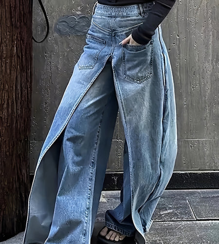 Women's 2-in-1 High Waist Vintage Washed Denim Jeans Magic Mia Barrel Jeans Baggy Urban Explorer Pants Faux Two-Layer Overlay Side Zipper Street Style