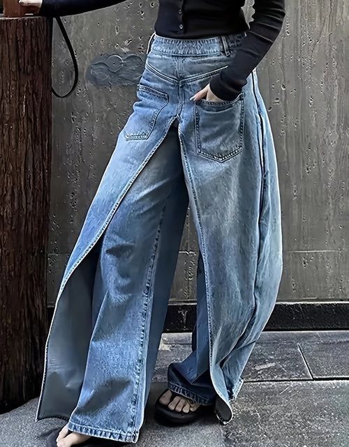 Load image into Gallery viewer, Women&#39;s 2-in-1 High Waist Vintage Washed Denim Jeans Magic Mia Barrel Jeans Baggy Urban Explorer Pants Faux Two-Layer Overlay Side Zipper Street Style
