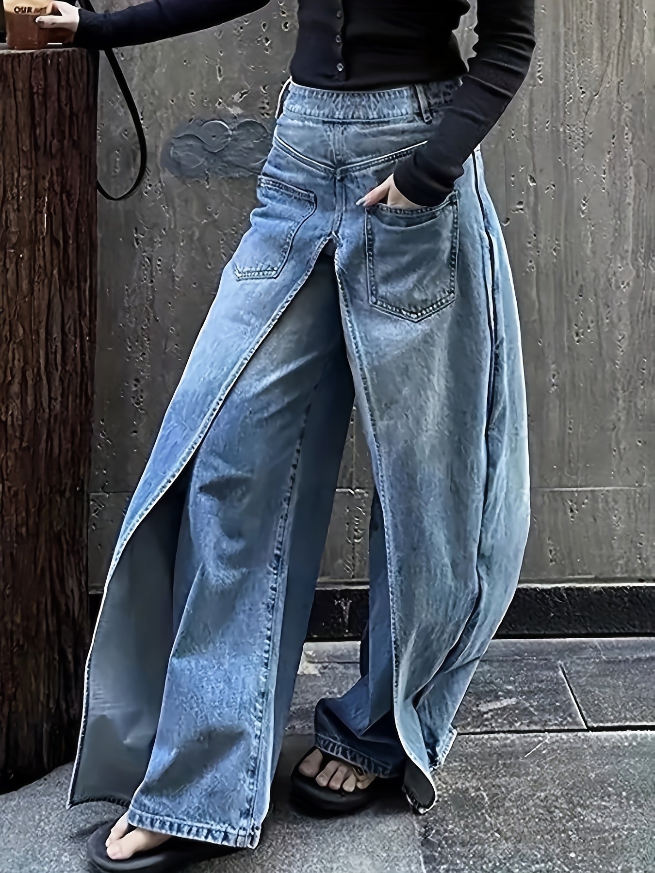 Women's 2-in-1 High Waist Vintage Washed Denim Jeans Magic Mia Barrel Jeans Baggy Urban Explorer Pants Faux Two-Layer Overlay Side Zipper Street Style