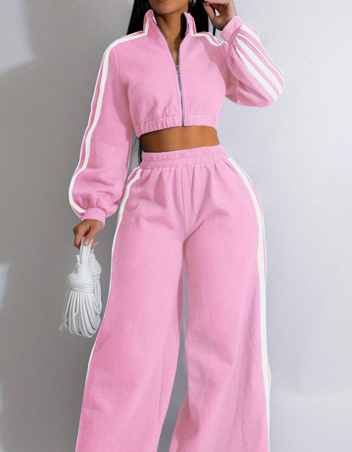 Load image into Gallery viewer, Autumn Striped Long-Sleeved Two-Piece Set - Contrasting Color Zipper Thickened Sweatshirt Casual Commuting Set, Solid Color Striped Side Trim, Elastic Short Top, Comfortable Straight-Leg Pants
