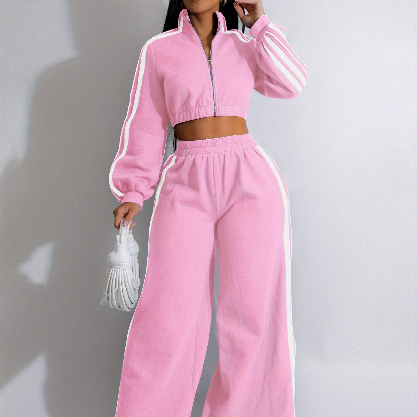 Autumn Striped Long-Sleeved Two-Piece Set - Contrasting Color Zipper Thickened Sweatshirt Casual Commuting Set, Solid Color Striped Side Trim, Elastic Short Top, Comfortable Straight-Leg Pants