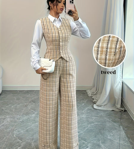 Elegant Women Printed Vest And Pants Two-piece Set A Fashionable Autumn Office Outfit. It Features Button Details, And An Elegant Style (shirt Not Included, for Matching Display Only).