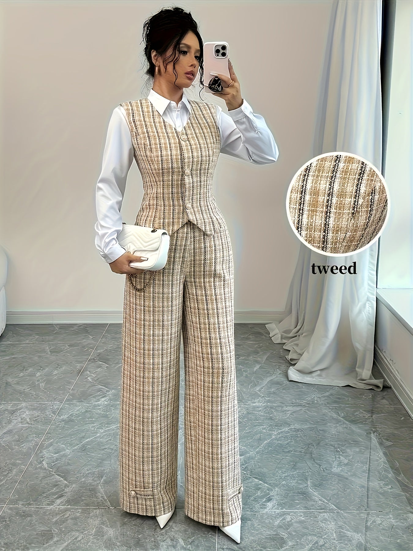 Elegant Women Printed Vest And Pants Two-piece Set A Fashionable Autumn Office Outfit. It Features Button Details, And An Elegant Style (shirt Not Included, for Matching Display Only).