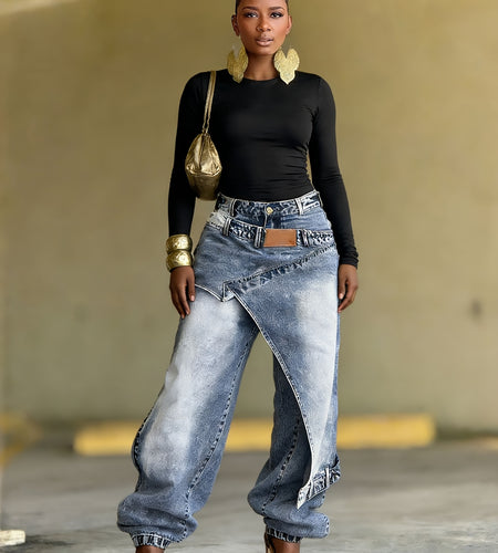 Women's Jeans with Unique Asymmetrical Cut, Distressed Wash, Loose Tapered Fit to Conceal And Slim, Pair with Metallic Accessories to Instantly Become A Street-style Icon